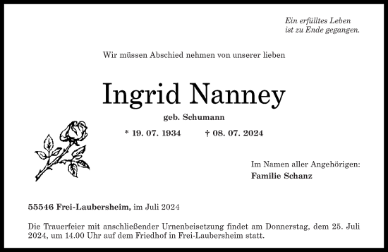 Traueranzeige von Ingrid Nanney von Oeffentlicher Anzeiger