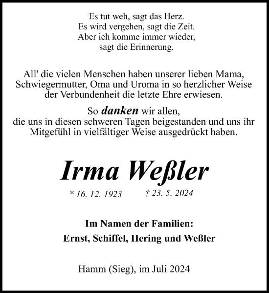 Traueranzeige von Irma Weßler von Rhein-Zeitung