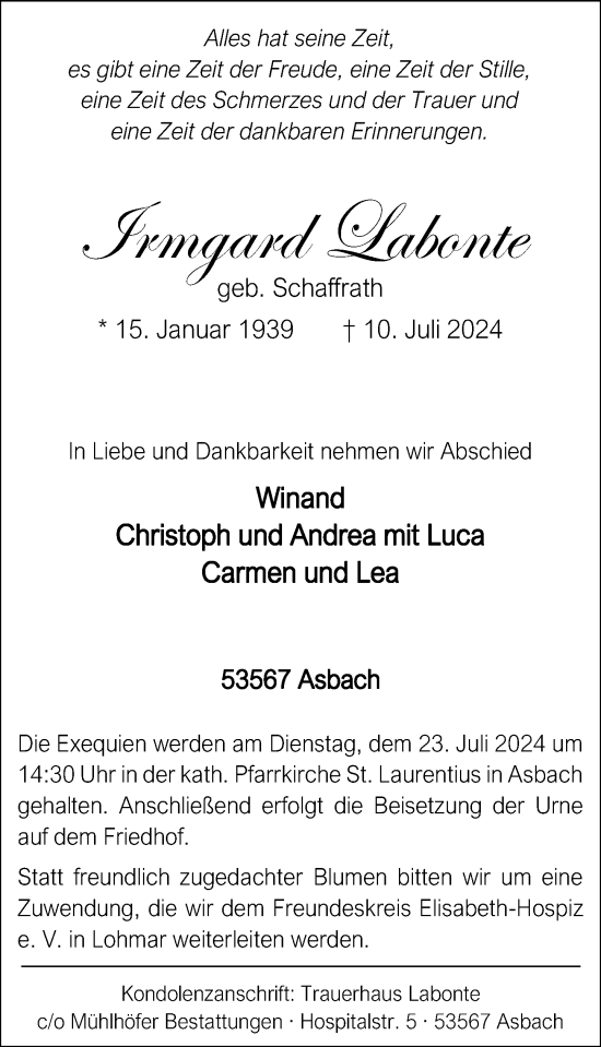 Traueranzeige von Irmgard Labonte von Rhein-Zeitung