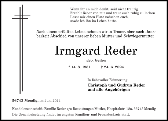 Traueranzeige von Irmgard Reder von Rhein-Zeitung