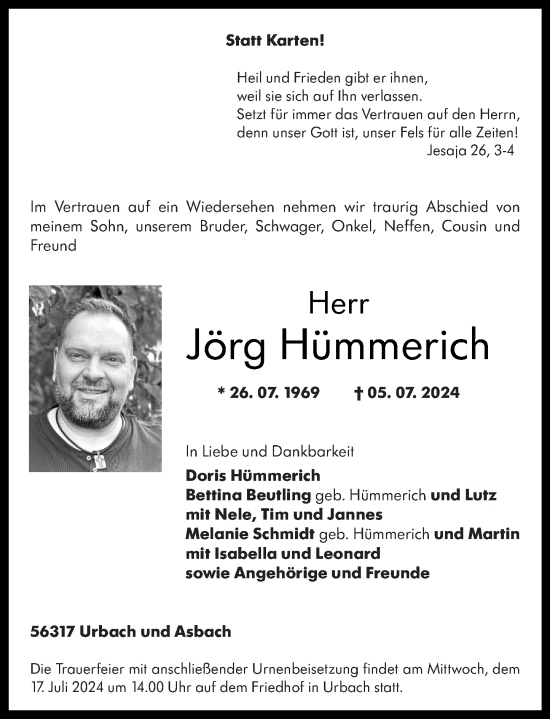 Traueranzeige von Jörg Hümmerich von Rhein-Zeitung