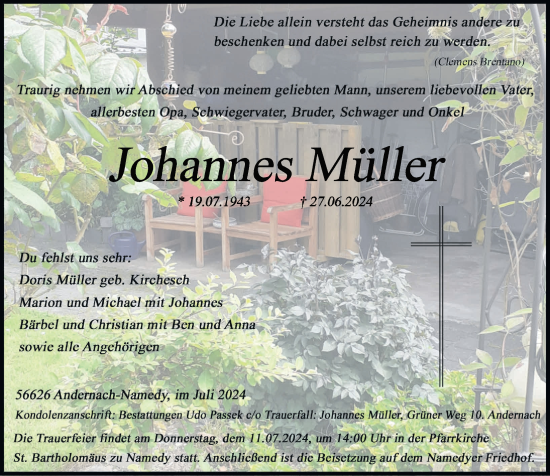 Traueranzeige von Johannes Müller von Rhein-Zeitung