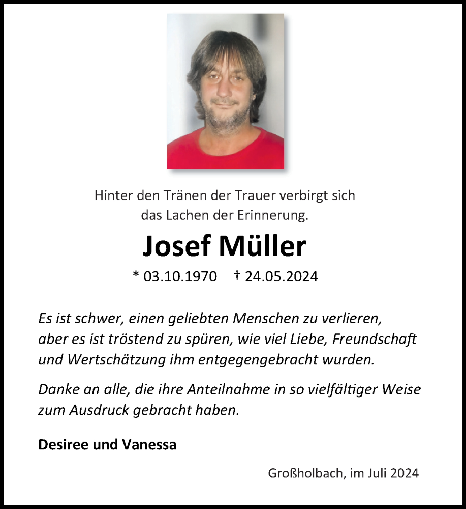  Traueranzeige für Josef Müller vom 06.07.2024 aus Westerwälder Zeitung