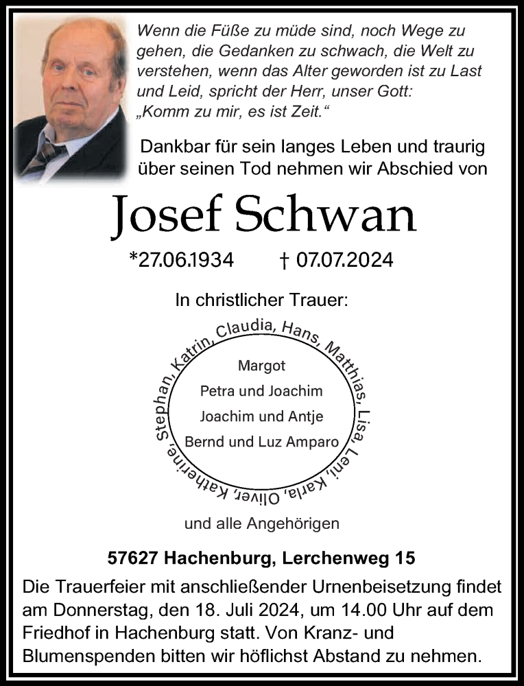  Traueranzeige für Josef Schwan vom 13.07.2024 aus Westerwälder Zeitung