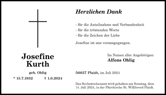 Traueranzeige von Josefine Kurth von Rhein-Zeitung