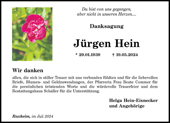 Traueranzeige von Jürgen Hein von Oeffentlicher Anzeiger