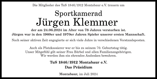 Traueranzeige von Jürgen Klemmer von Westerwälder Zeitung
