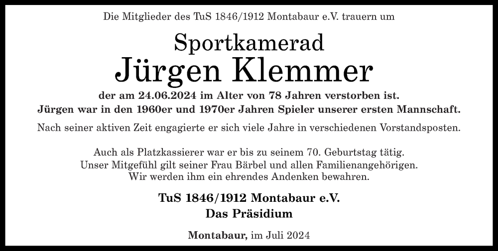  Traueranzeige für Jürgen Klemmer vom 06.07.2024 aus Westerwälder Zeitung