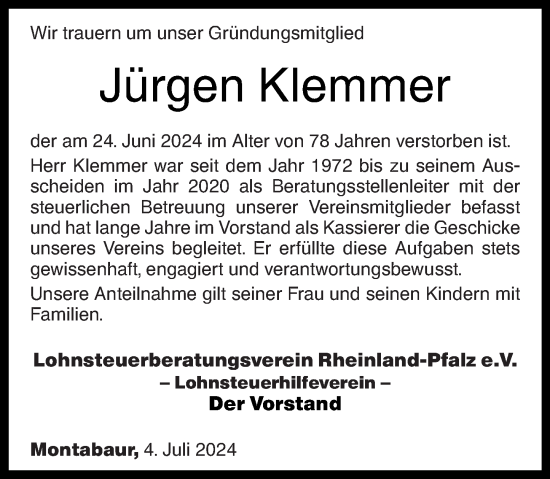 Traueranzeige von Jürgen Klemmer von Westerwälder Zeitung