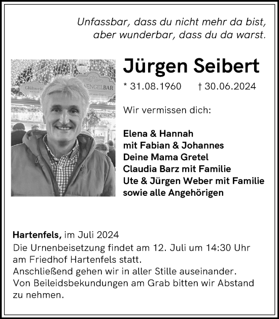 Traueranzeige von Jürgen Seibert von Westerwälder Zeitung