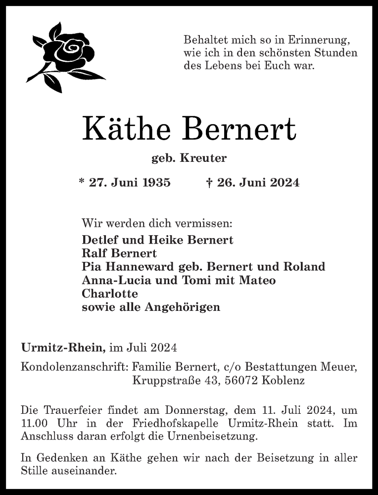  Traueranzeige für Käthe Bernert vom 06.07.2024 aus Rhein-Zeitung