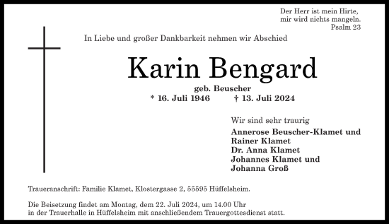 Traueranzeige von Karin Bengard von Oeffentlicher Anzeiger