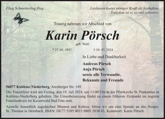 Traueranzeige von Karin Pörsch von Rhein-Zeitung