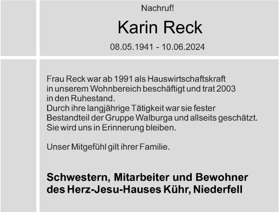 Traueranzeige von Karin Reck von Rhein-Zeitung