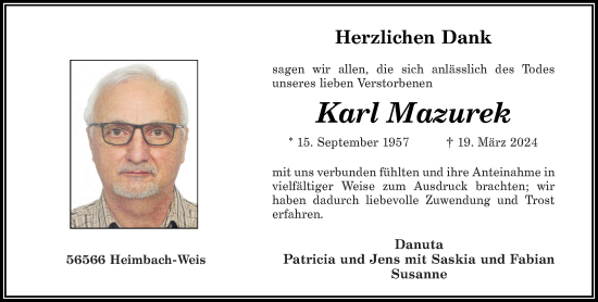 Traueranzeige von Karl Mazurek von Rhein-Zeitung