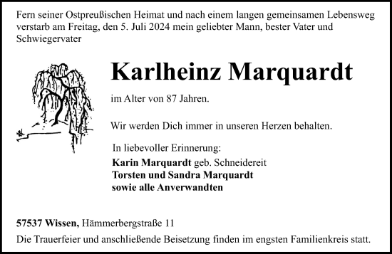 Traueranzeige von Karlheinz Marquardt von Rhein-Zeitung