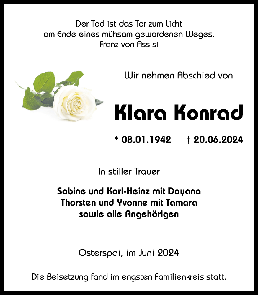  Traueranzeige für Klara Konrad vom 13.07.2024 aus Rhein-Zeitung
