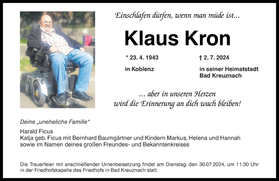 Traueranzeige von Klaus Kron von Oeffentlicher Anzeiger