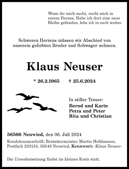 Traueranzeige von Klaus Neuser von Rhein-Zeitung