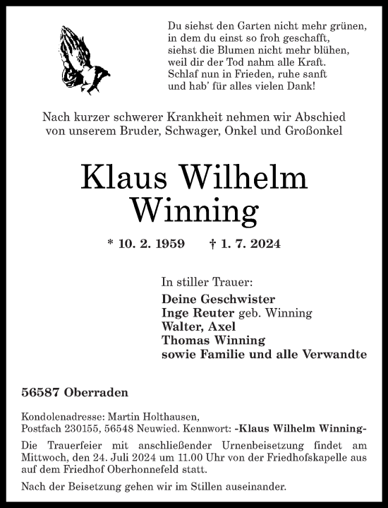 Traueranzeige von Klaus Wilhelm Winning von Rhein-Zeitung