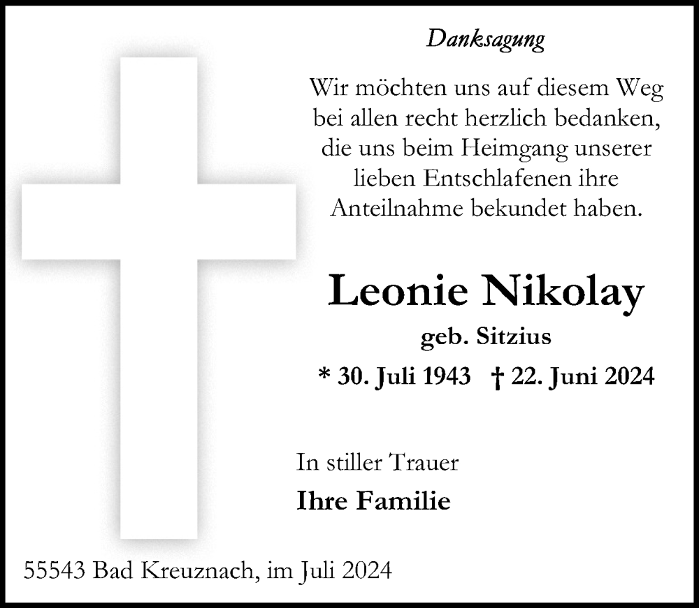 Traueranzeige für Leonie Nikolay vom 20.07.2024 aus Oeffentlicher Anzeiger