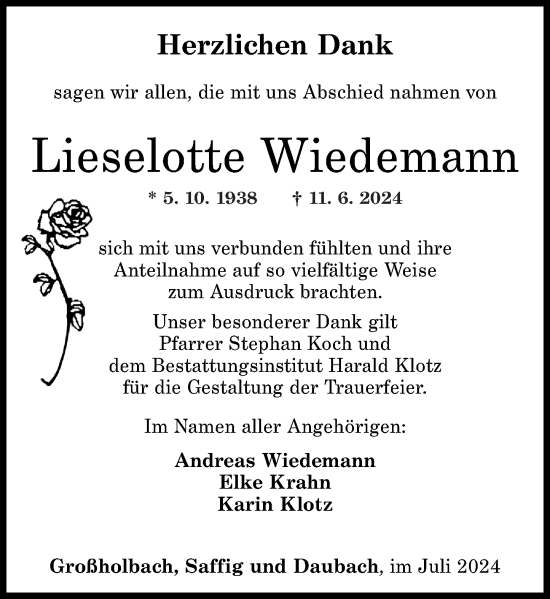 Traueranzeige von Lieselotte Wiedemann von Rhein-Zeitung, Oeffentlicher Anzeiger