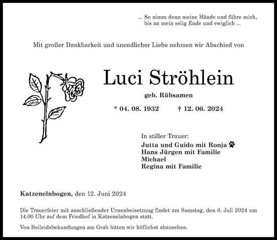 Traueranzeige von Luci Ströhlein von Rhein-Lahn-Zeitung