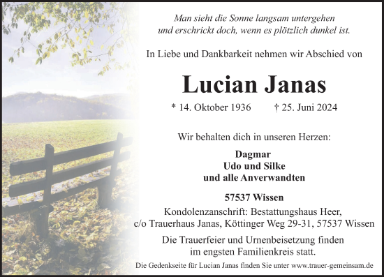 Traueranzeige von Lucian Janas von Rhein-Zeitung