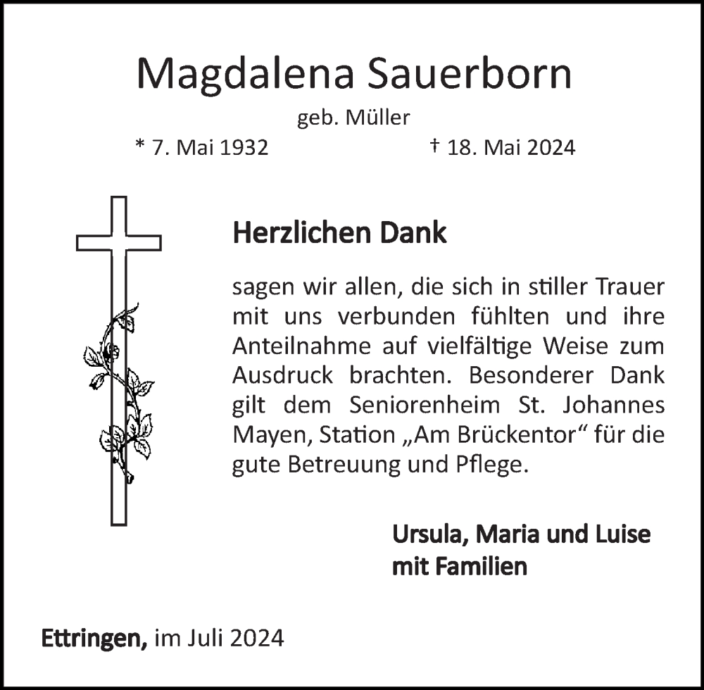  Traueranzeige für Magdalena Sauerborn vom 06.07.2024 aus Rhein-Zeitung