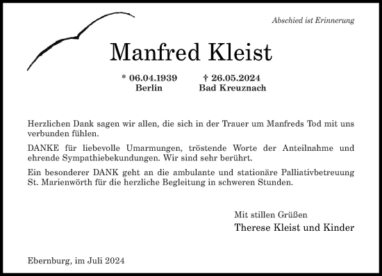 Traueranzeige von Manfred Kleist von Oeffentlicher Anzeiger