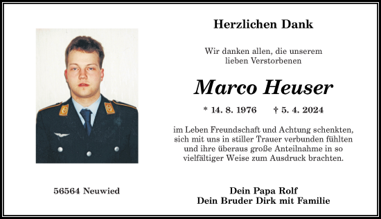 Traueranzeige von Marco Heuser von Rhein-Zeitung