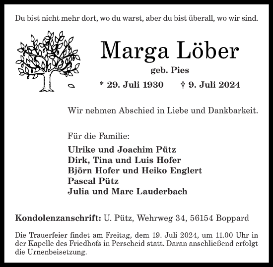 Traueranzeige von Marga Löber von Rhein-Hunsrück-Zeitung