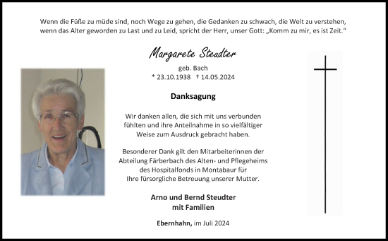 Traueranzeige von Margarete Steudter von Westerwälder Zeitung
