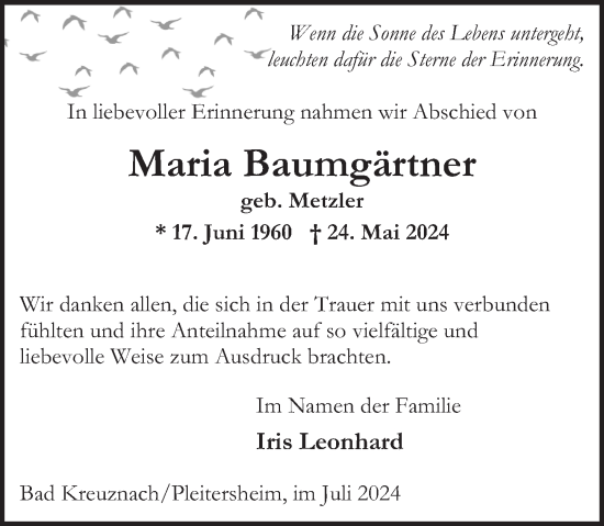 Traueranzeige von Maria Baumgärtner von Oeffentlicher Anzeiger