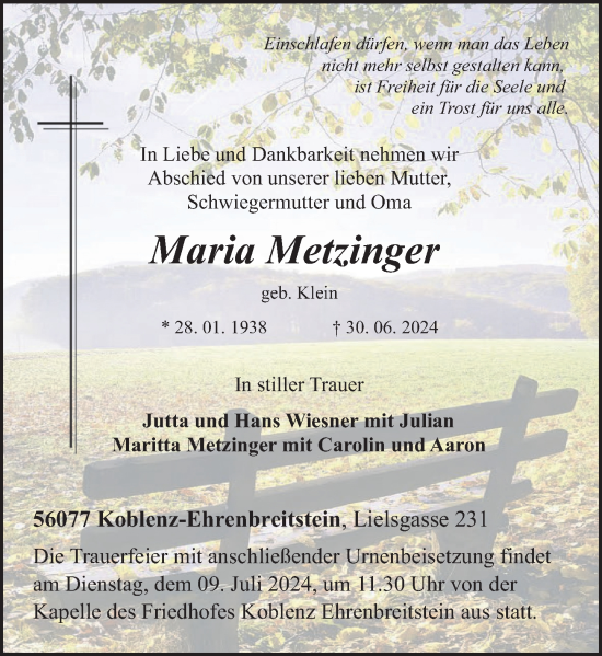 Traueranzeige von Maria Metzinger von Rhein-Zeitung