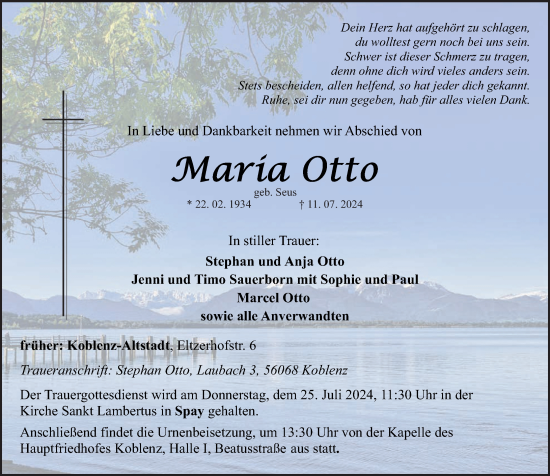 Traueranzeige von Maria Otto von Rhein-Zeitung