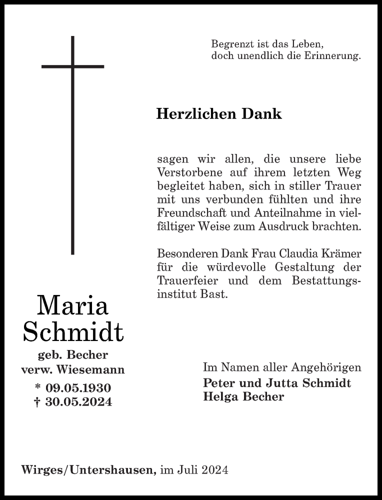  Traueranzeige für Maria Schmidt vom 13.07.2024 aus Westerwälder Zeitung