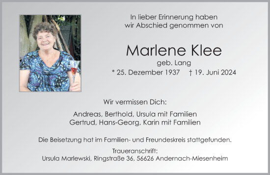 Traueranzeige von Marlene Klee von Rhein-Zeitung
