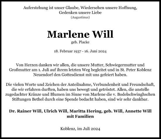Traueranzeige von Marlene Will von Rhein-Zeitung