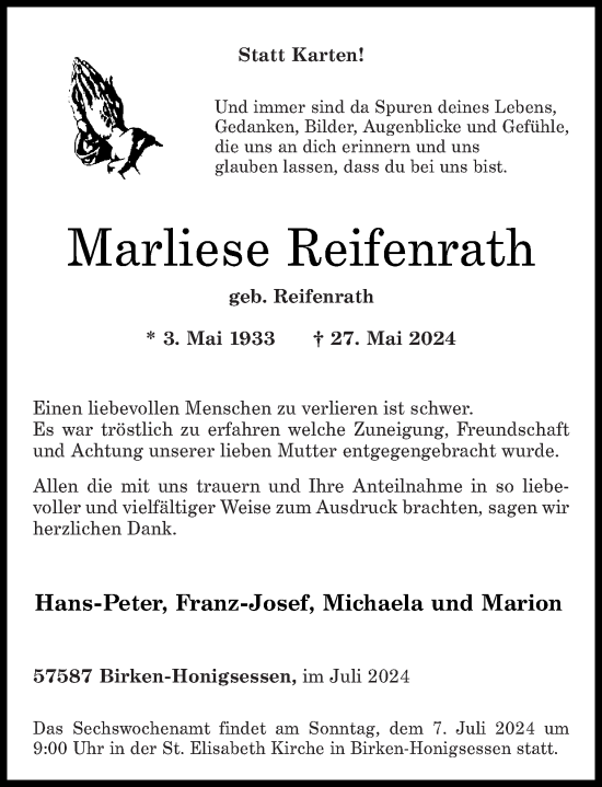Traueranzeige von Marliese Reifenrath von Rhein-Zeitung