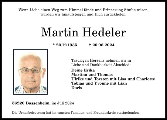 Traueranzeige von Martin Hedeler von Rhein-Zeitung