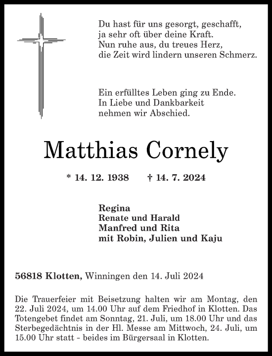 Traueranzeige von Matthias Cornely von Rhein-Zeitung