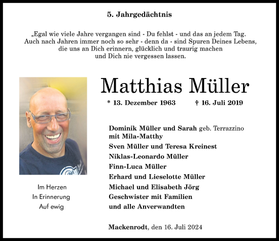 Traueranzeige von Matthias Müller von Nahe-Zeitung