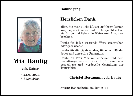 Traueranzeige von Mia Baulig von Rhein-Zeitung