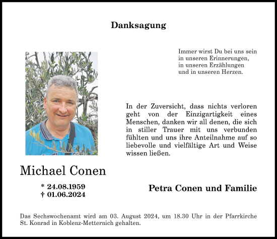 Traueranzeige von Michael Conen von Rhein-Zeitung