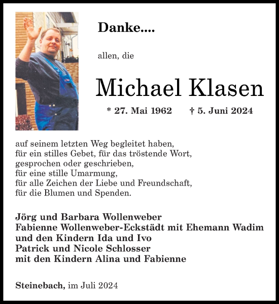 Traueranzeige von Michael Klasen von Rhein-Zeitung