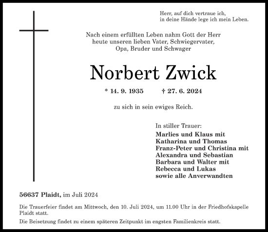 Traueranzeige von Norbert Zwick von Rhein-Zeitung