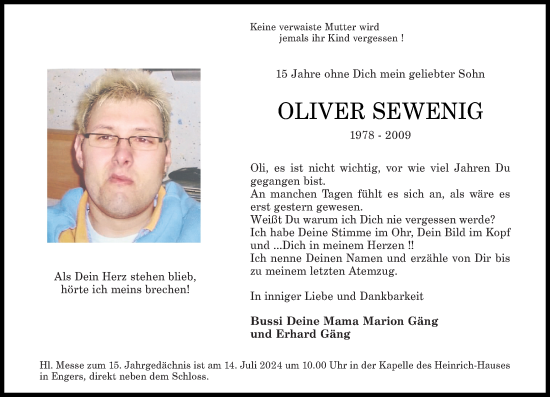 Traueranzeige von Oliver Sewenig von Rhein-Zeitung