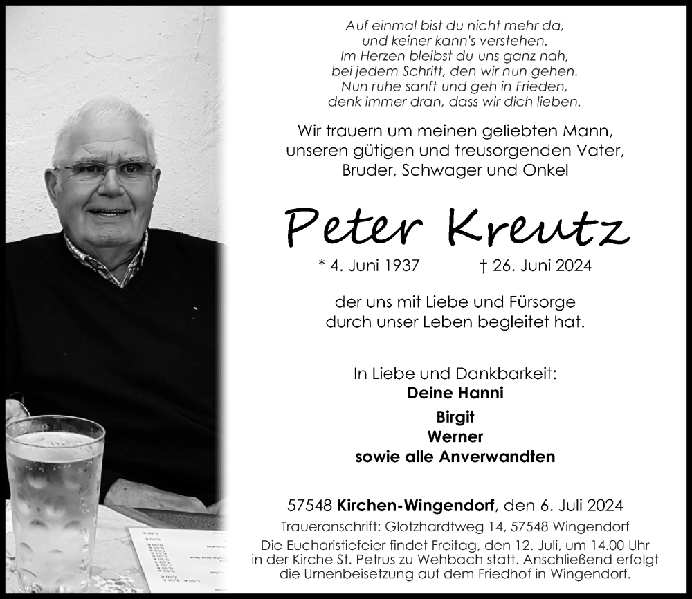  Traueranzeige für Peter Kreutz vom 06.07.2024 aus Rhein-Zeitung