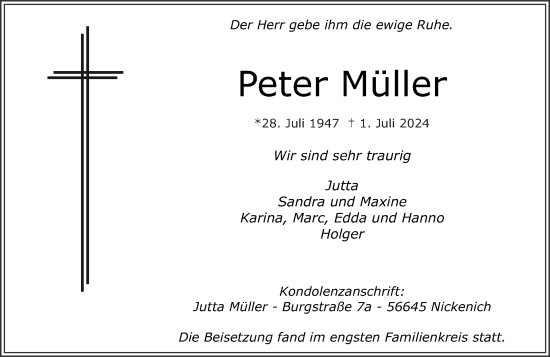 Traueranzeige von Peter Müller von Rhein-Zeitung